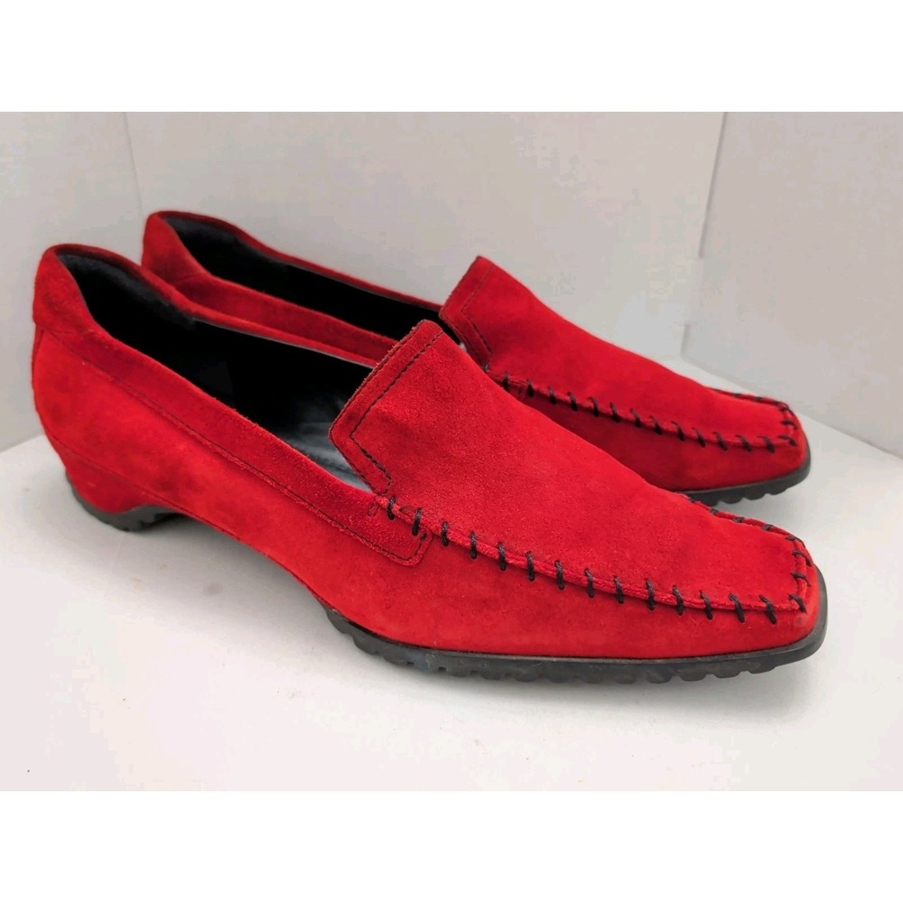 Ecco Red Suede Loafers Sz EU39/US 8-8.5 Stitched Square Toe Witchy Low Heel